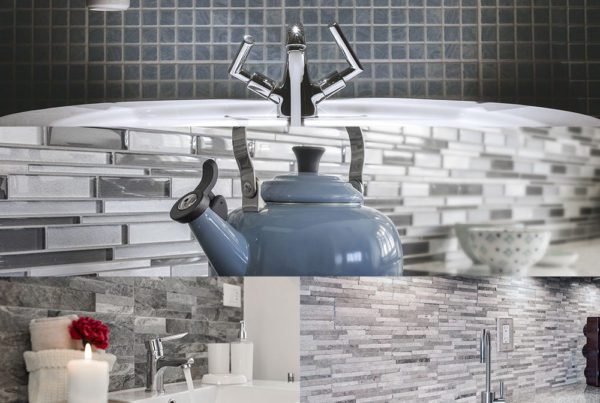 Collage of home improvement ideas of backsplashes in the kitchen and bathroom made with tile and grout