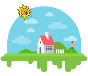 Graphic art of a house in the summer time with a happy sun in the sky and a boy playing in the grass with his cat.